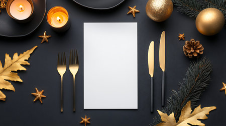 Christmas table place setting with golden decorations on black background. Top view, flat lay