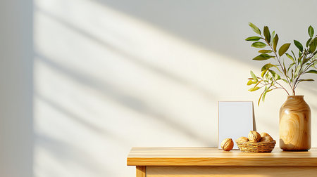 Mock up blank frame on wooden shelf with plant in vase. 3d renderの写真素材