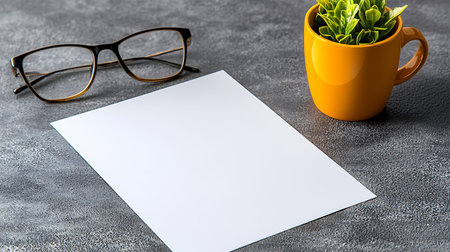 Mockup of a white sheet of paper and glasses on a gray background