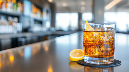 whiskey with ice on the table in the bar, stock photoの写真素材