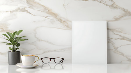 Coffee cup, glasses and plantle table. Mock upの写真素材