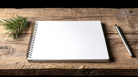 Blank notebook and pen on wooden table. Copy space for your text.の写真素材
