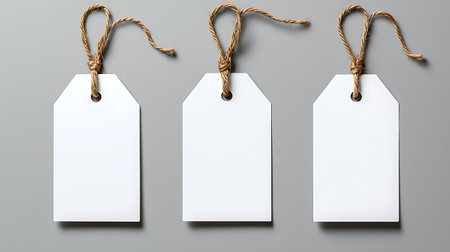 Blank price tags with string on gray background. 3d renderingの写真素材