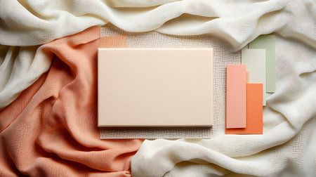 Blank business cards on fabric background. Mockup for branding identity.の写真素材