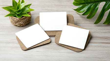 Blank business cards on wooden background. Mockup for identity.の写真素材