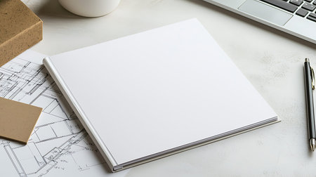Design concept - top view of modern white office desk with laptop, supplies and copy space for...