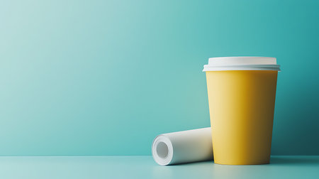 Coffee cup and roll of paper on blue background. 3d renderingの写真素材