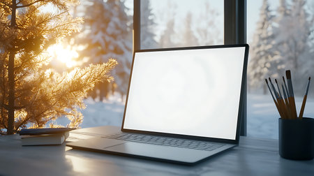 Laptop with blank screen on wooden desktop. Mock upの写真素材
