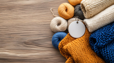 Knitting woolen clothes on wooden background. Knitting needles, balls of yarn, knitting needles.