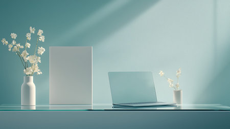 Laptop and vase with white flowers on the table. 3d rendering
