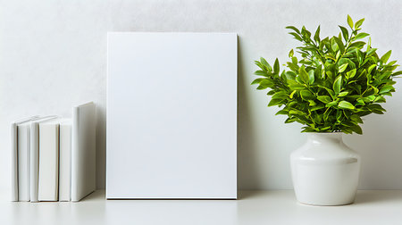 Blank white book and plant in vase on white table.の写真素材