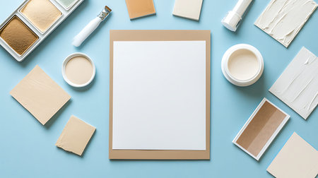 Top view of workspace with products and blank paper on blue background