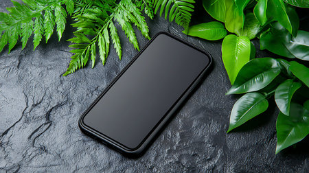 Smartphone with blank screen and green leaves on black stone background.