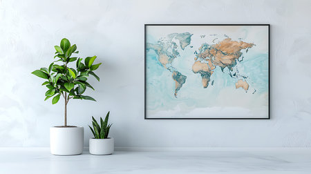 Modern living room interior with plant and world map. 3d rendering