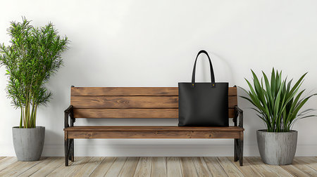 Black leather bag on wooden bench in modern living room. 3d renderingの写真素材