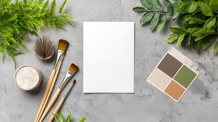 Creative flat lay photo of workspace with blank paper sheet, paint brushes and green plants on grey concrete background. Top view with copy spaceの写真素材