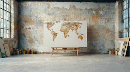 World map on an easel in an empty room. 3d rendering