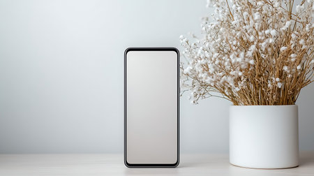 Smartphone mockup with blank screen and white flowers in vase on wooden table.の写真素材