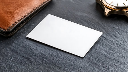 Blank business card and watch on stone background. Mockup for branding identity.の写真素材