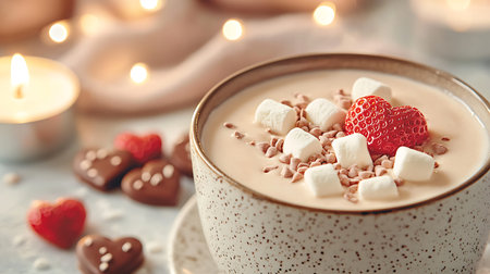Cup of delicious cocoa with marshmallows and strawberries on table