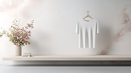 Blank white t-shirt hanging on wooden shelf in modern room. Mock up, 3D Renderingの写真素材