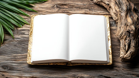 Blank opened book on old wooden table with palm leafs.