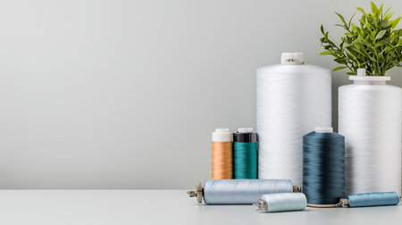 Spools of thread and bobbins of thread on a white background