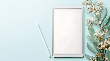 Tablet with blank screen and eucalyptus branches on blue background