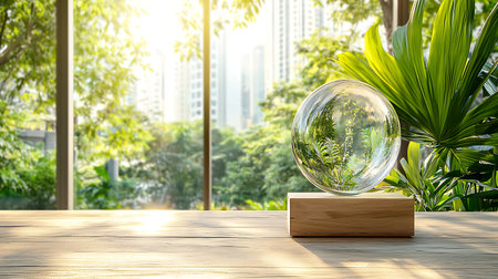 Glass globe on wooden podium with green plant and city landscape background.の写真素材