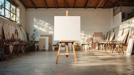 interior of modern art studio with blank canvas and wooden easelの写真素材