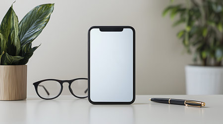 Mockup smartphone with blank screen and eyeglasses on white tableの写真素材
