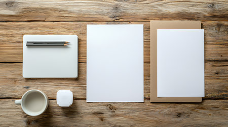 Blank stationery set on wooden background. Flat lay, top view.の写真素材