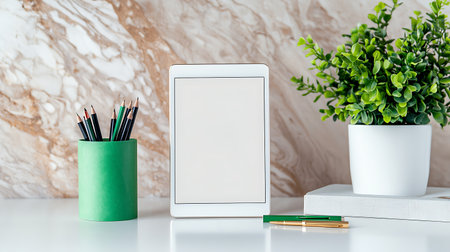 Mockup tablet computer with blank screen, stationery and green plantle background.の写真素材