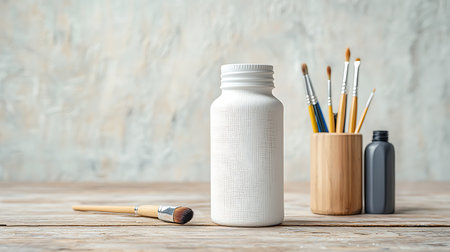 cosmetic bottle with paint brushes on wood backgroundの写真素材