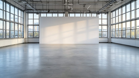 Large empty room with white walls, concrete floor and large windows. 3d rendering