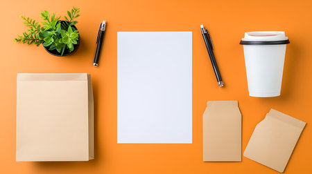 Blank paper, coffee cup and stationery on orange background.の写真素材