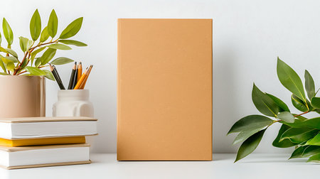 Mockup of brown notepad, books and green plant on white tableの写真素材