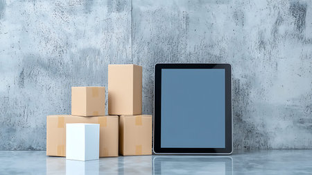 Digital tablet with cardboard boxes on concrete wall background. 3D Rendering