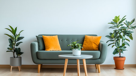 Interior of modern living room with green sofa, coffee table and plantsの写真素材