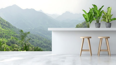 Table and chairs in modern interior with mountain view. 3D Renderingの写真素材