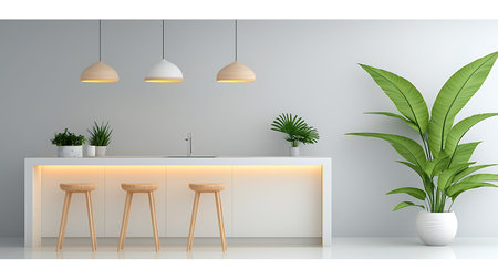 kitchen interior design, 3d render, white wall and shelf