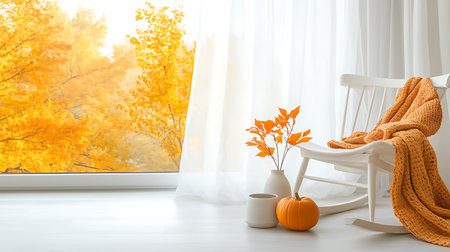 White rocking chair with autumn leaves and pumpkins on the windowsillの写真素材