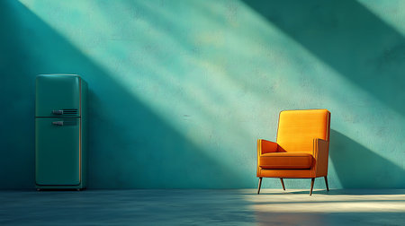 Modern living room interior with yellow armchair and fridge. 3D Renderの写真素材