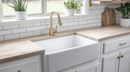 3d render of modern kitchen with white countertop and wooden sinkの写真素材