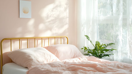 Modern bedroom interior with bed, pillows and green plant. 3d renderの写真素材
