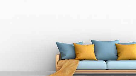 Blue sofa with yellow cushions on a white wall background. 3d renderingの写真素材