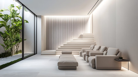 Modern living room interior with white walls, tiled floor, beige sofa and coffee table. 3d rendering