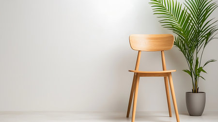 Wooden chair and plant in pot on white wall background. 3D renderingの写真素材