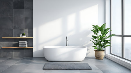 Interior of modern bathroom with gray walls, concrete floor, comfortable white bathtub standing near window with blurry cityscape. 3d renderingの写真素材