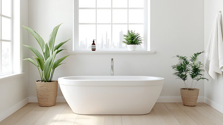 3d render of modern bathroom with white bathtub and plants.の写真素材